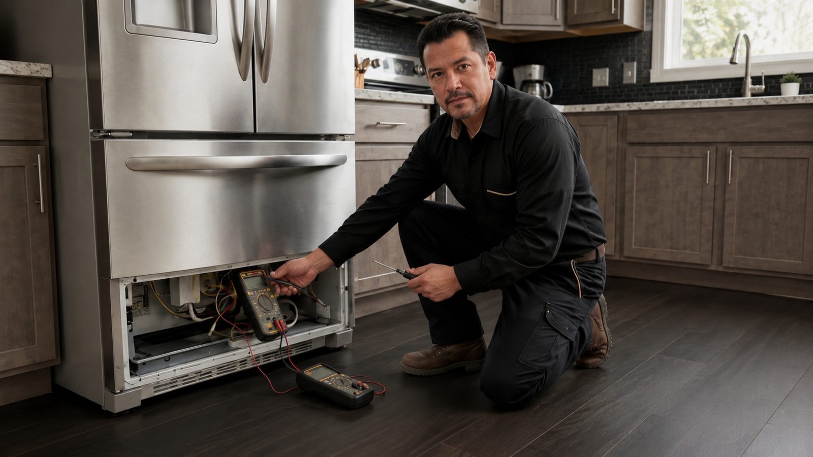 GoldHome Appliances technician diagnosing a fridge with a multimeter in an Edmonton kitchen