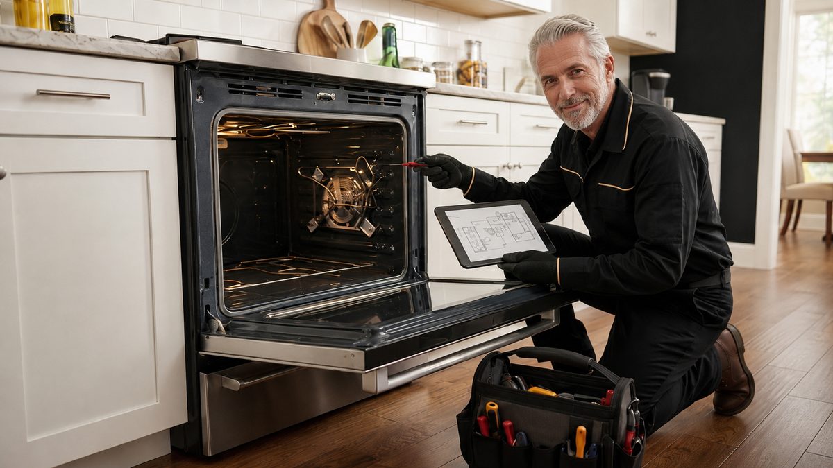 GoldHome Appliances technician repairing an oven