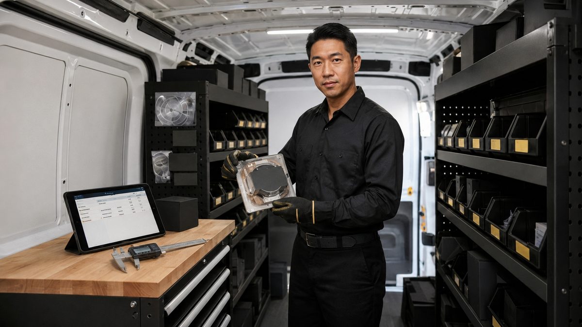 GoldHome Appliances technician with a stocked service van