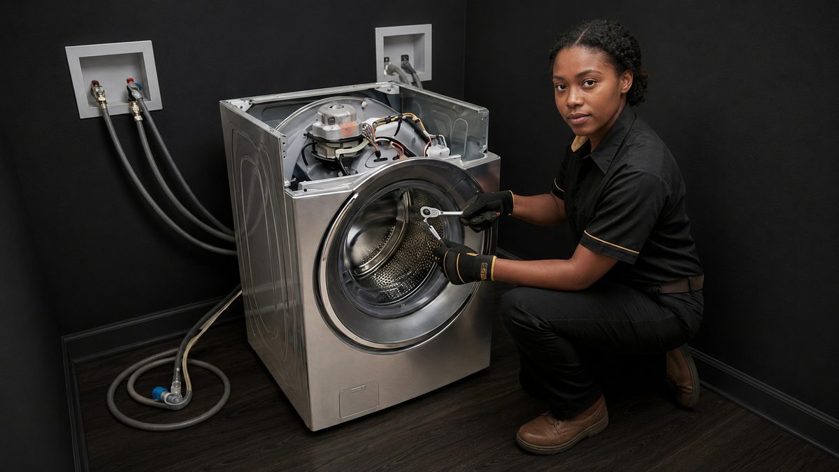 GoldHome Appliances technician repairing a washing machine